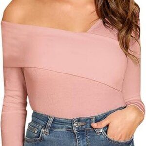 Women's Slim Cross Wrap Asymmetrical Neck Blouse Pink